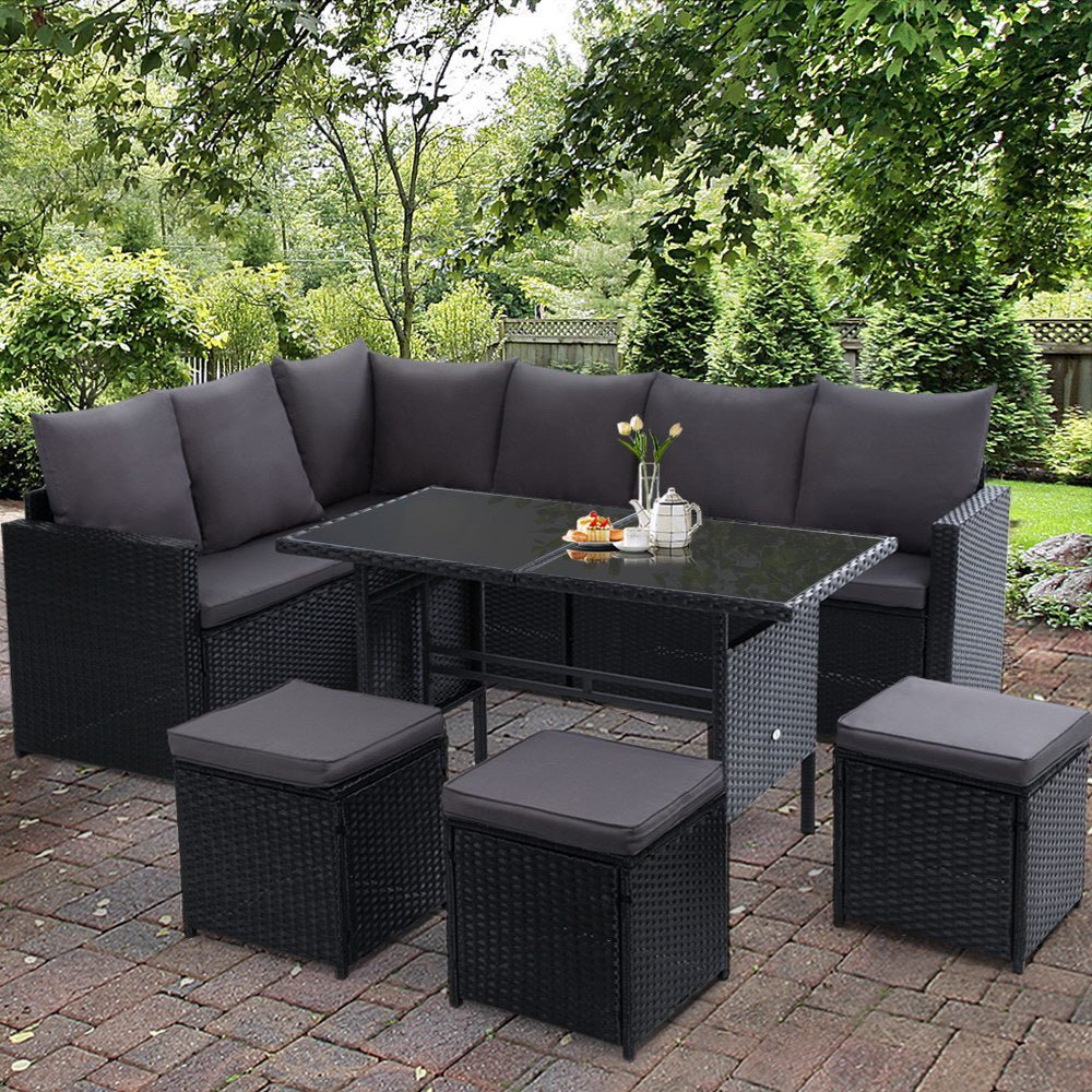 Outdoor Dining Set 9 Seater Lounge Setting Chairs Table Ottoman Black Cover