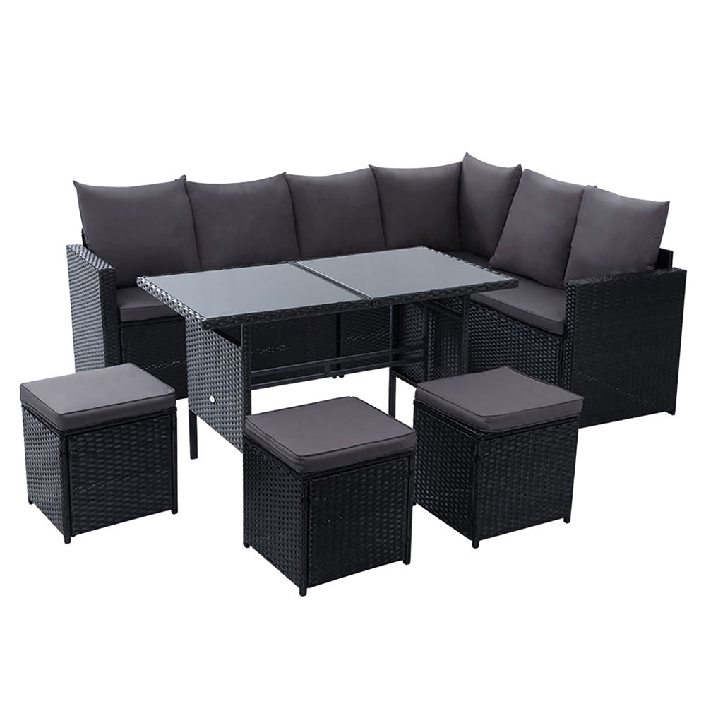 Outdoor Dining Set 9 Seater Lounge Setting Chairs Table Ottoman Black