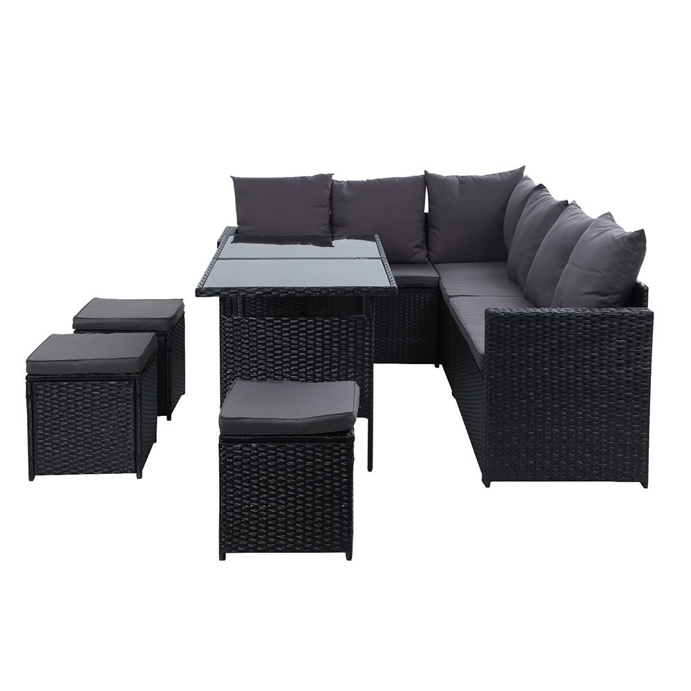 Outdoor Dining Set 9 Seater Lounge Setting Chairs Table Ottoman Black