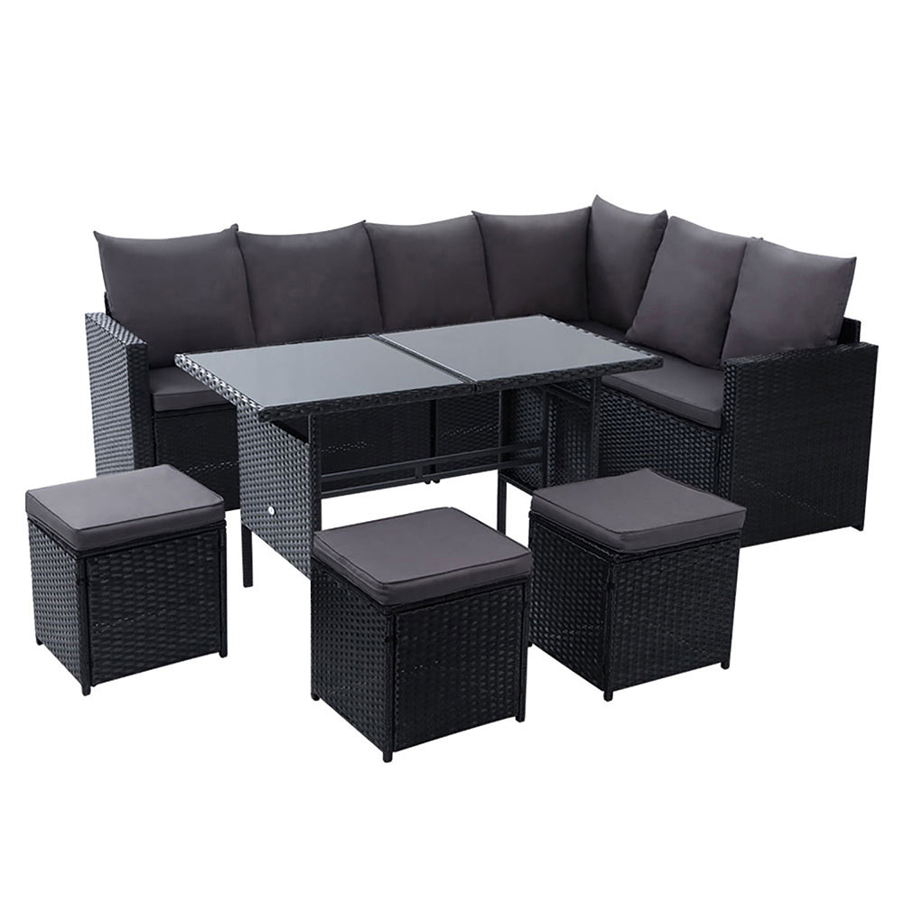 Outdoor Dining Set 9 Seater Lounge Setting Chairs Table Ottoman Black Cover