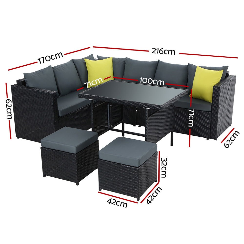 Outdoor Dining Set Aluminium Table Chairs Ottoman Wicker Setting Black