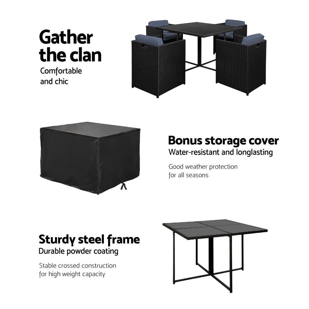 Outdoor Dining Setting 4 Seat Gardeon Wicker Table Chairs Set Black