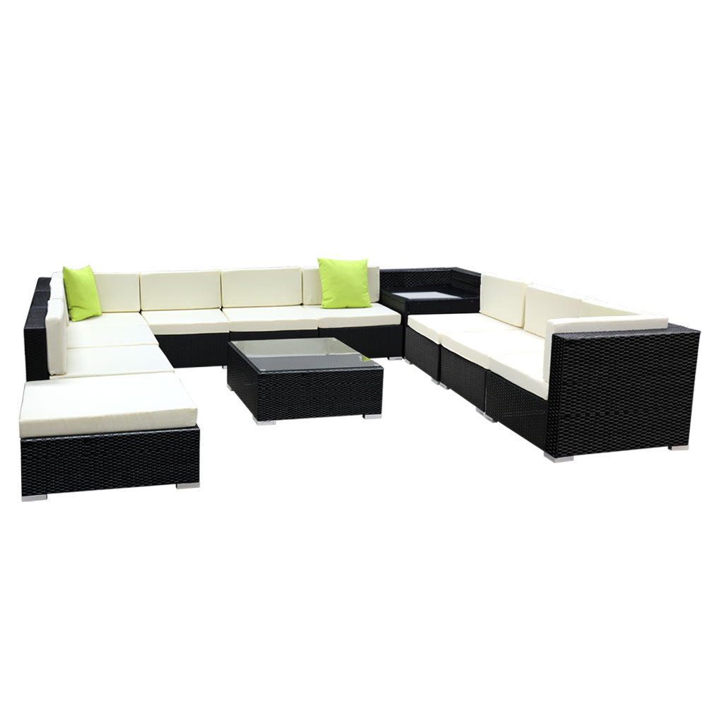 Outdoor Lounge | 10 Seat | Modular Outdoor Sofa Setting | Includes Corner Table, Coffee Table and Storage Cover | Black and Beige