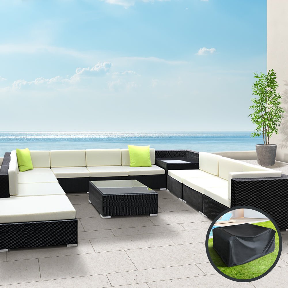 Outdoor Lounge | 10 Seat | Modular Outdoor Sofa Setting | Includes Corner Table, Coffee Table and Storage Cover | Black and Beige