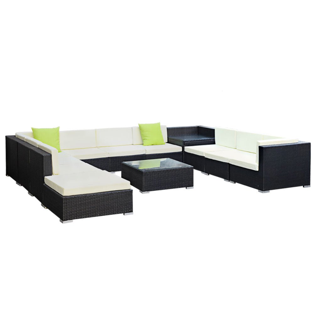 Outdoor Lounge | 10 Seat | Modular Outdoor Sofa Setting | Includes Corner Table, Coffee Table and Storage Cover | Black and Beige