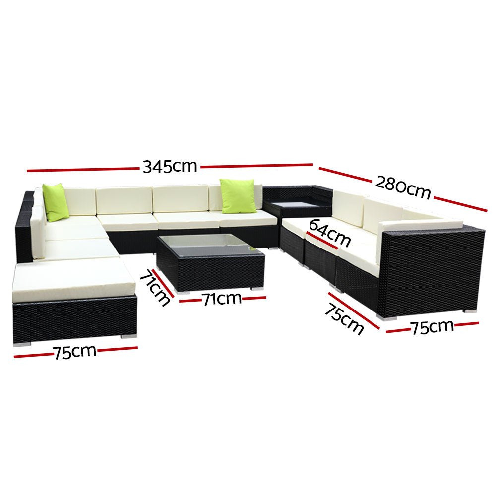Outdoor Lounge | 10 Seat | Modular Outdoor Sofa Setting | Includes Corner Table, Coffee Table and Storage Cover | Black and Beige