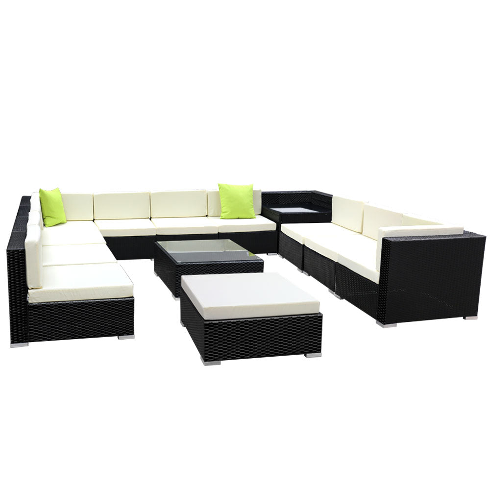 Outdoor Lounge | 11 Seat | Modular Outdoor Sofa Setting | Includes Corner Table, Coffee Table and Storage Cover | Black and Beige