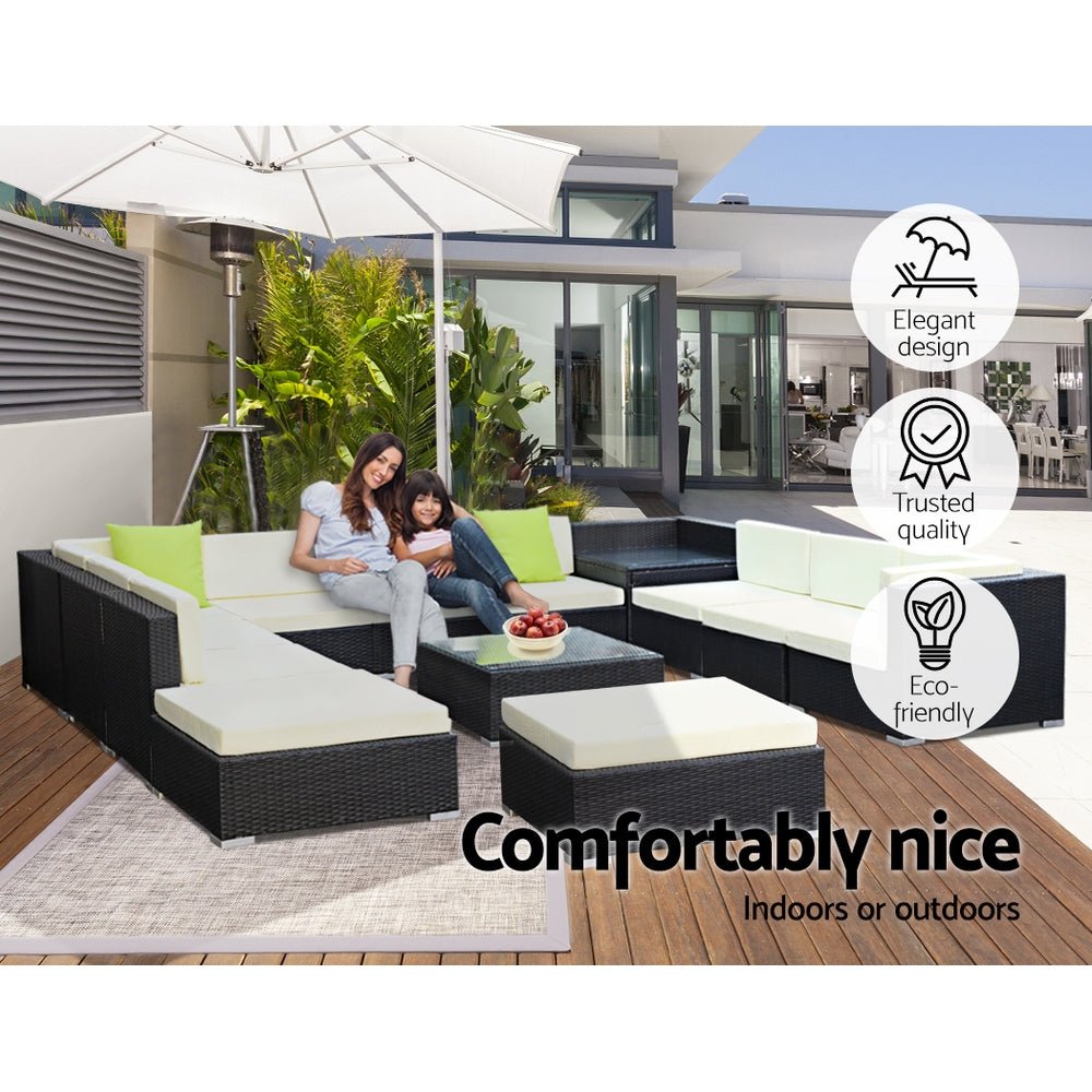 Outdoor Lounge | 11 Seat | Modular Outdoor Sofa Setting | Includes Corner Table, Coffee Table and Storage Cover | Black and Beige
