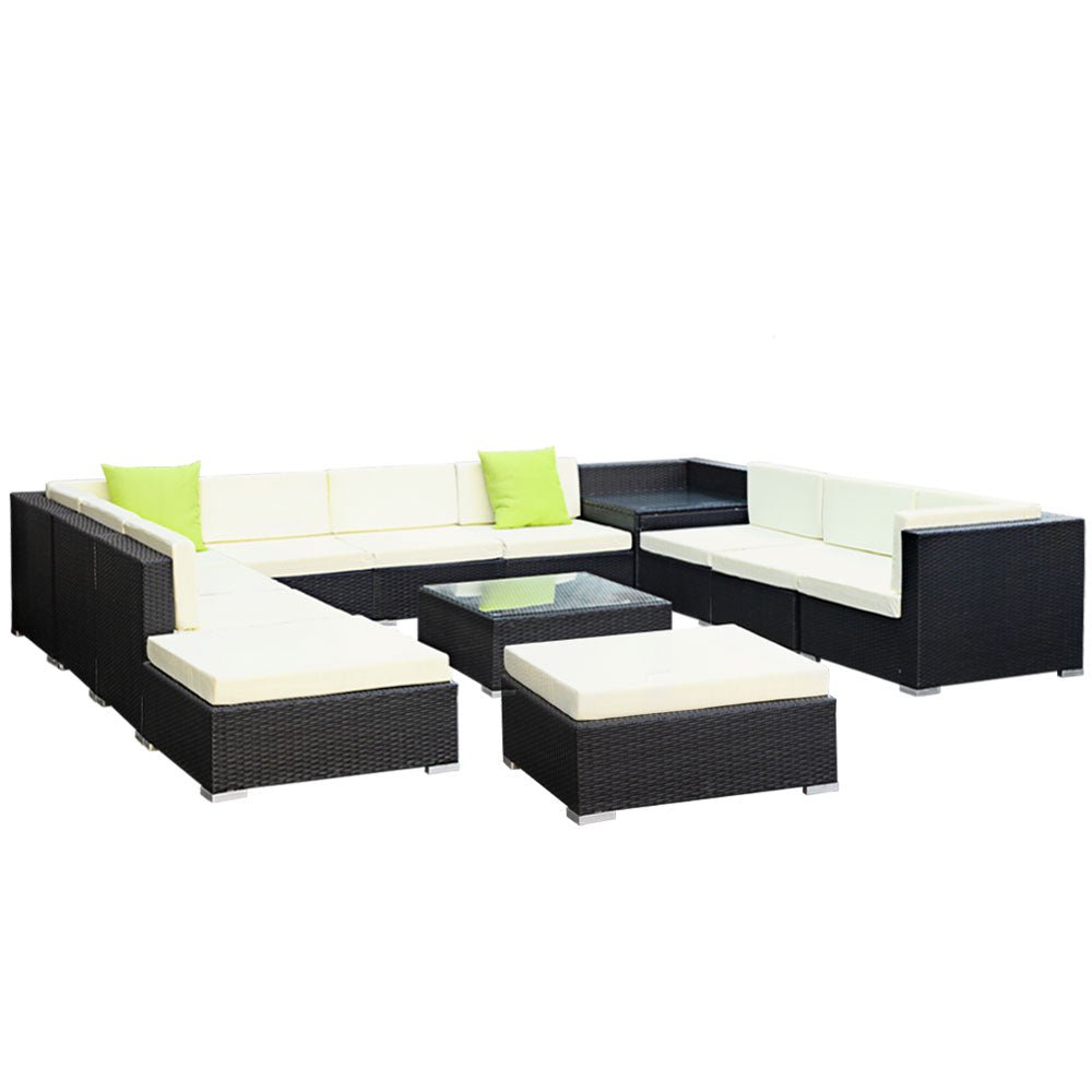 Outdoor Lounge | 11 Seat | Modular Outdoor Sofa Setting | Includes Corner Table, Coffee Table and Storage Cover | Black and Beige