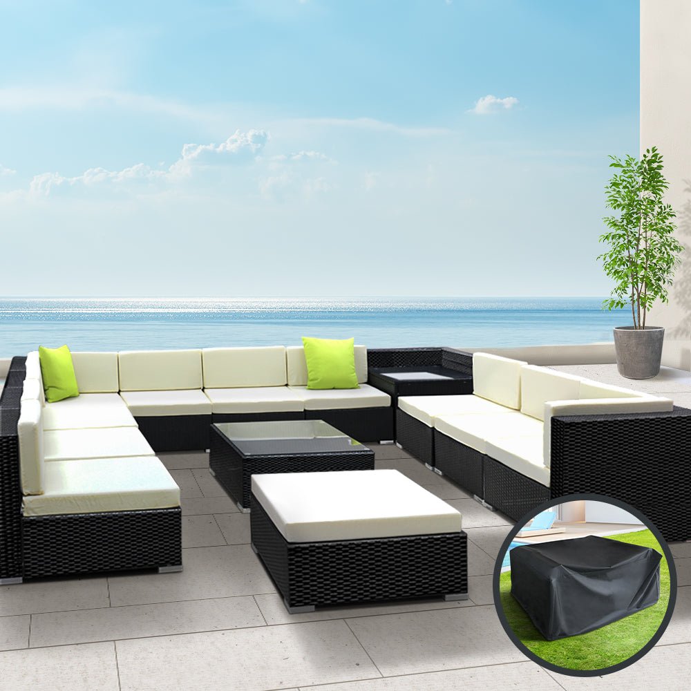 Outdoor Lounge | 11 Seat | Modular Outdoor Sofa Setting | Includes Corner Table, Coffee Table and Storage Cover | Black and Beige
