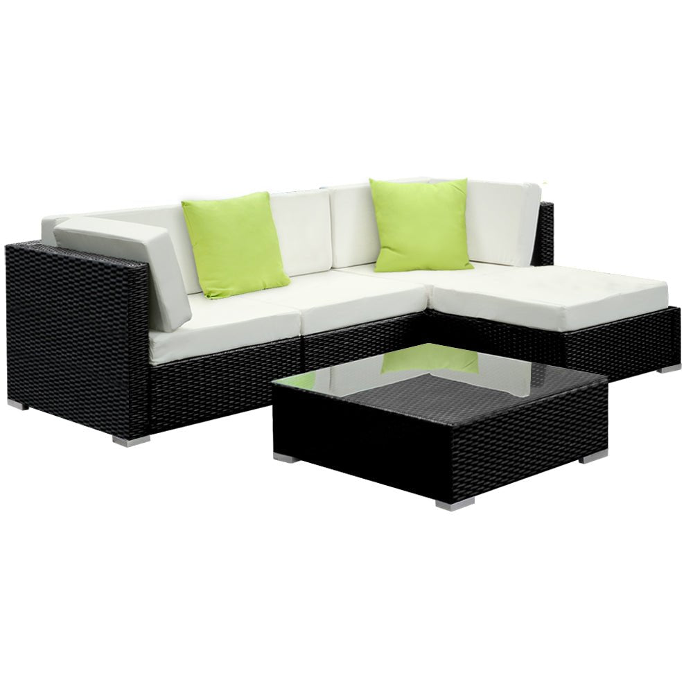 Outdoor Lounge | 4 Seat | Modular Outdoor Sofa Setting | Includes Coffee Table and Storage Cover | Black and Beige