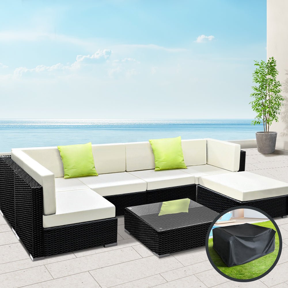 Outdoor Lounge | 6 Seat | Modular Outdoor Sofa Setting | Includes Coffee Table and Storage Cover | Black and Beige