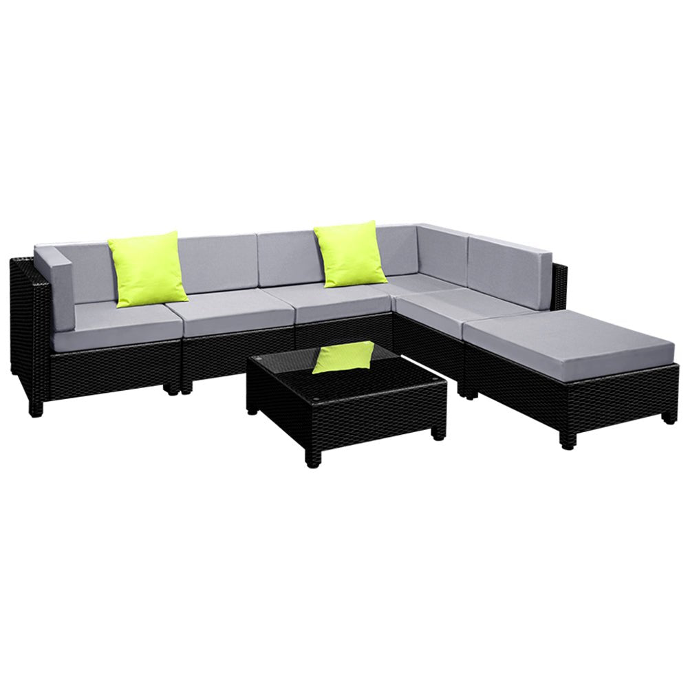 Outdoor Lounge | 6 Seat | Modular Outdoor Sofa Setting | Includes Grey and Beige Cushion Covers | Bondi Range | Black