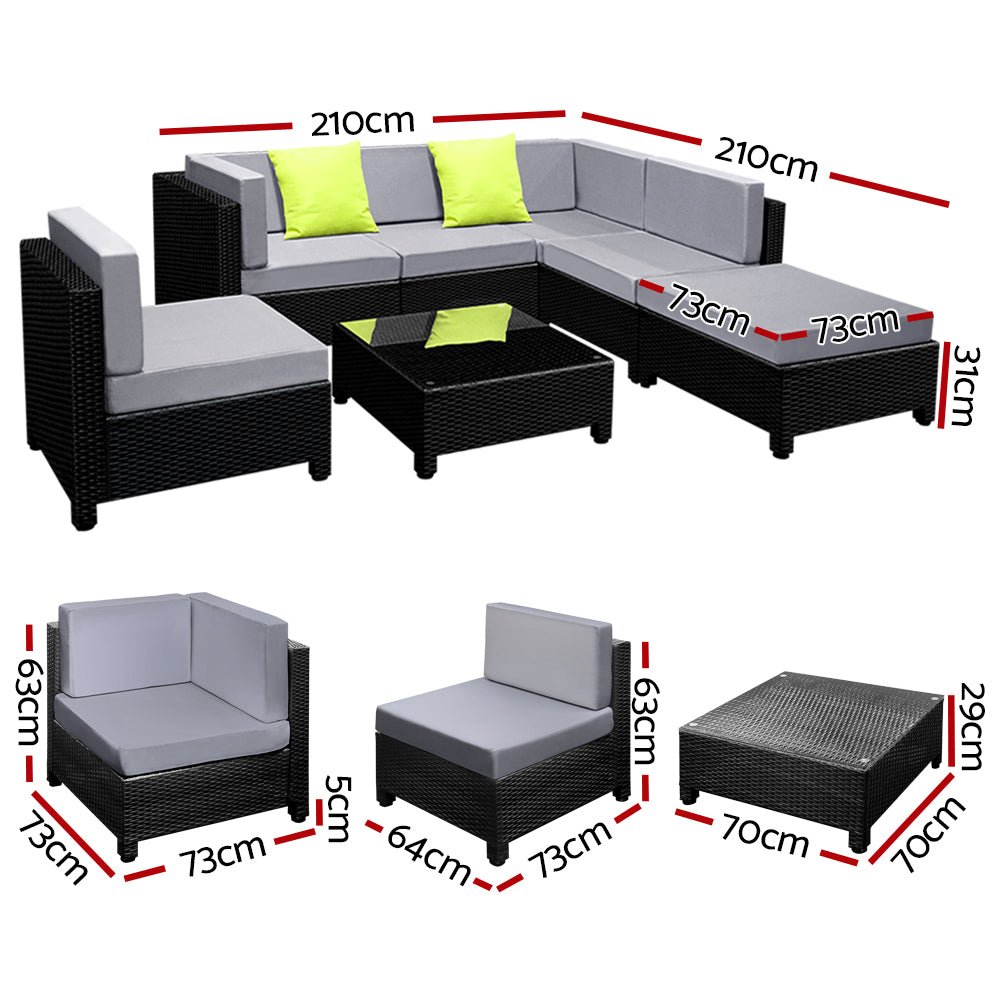 Outdoor Lounge | 6 Seat | Modular Outdoor Sofa Setting | Includes Grey and Beige Cushion Covers | Bondi Range | Black