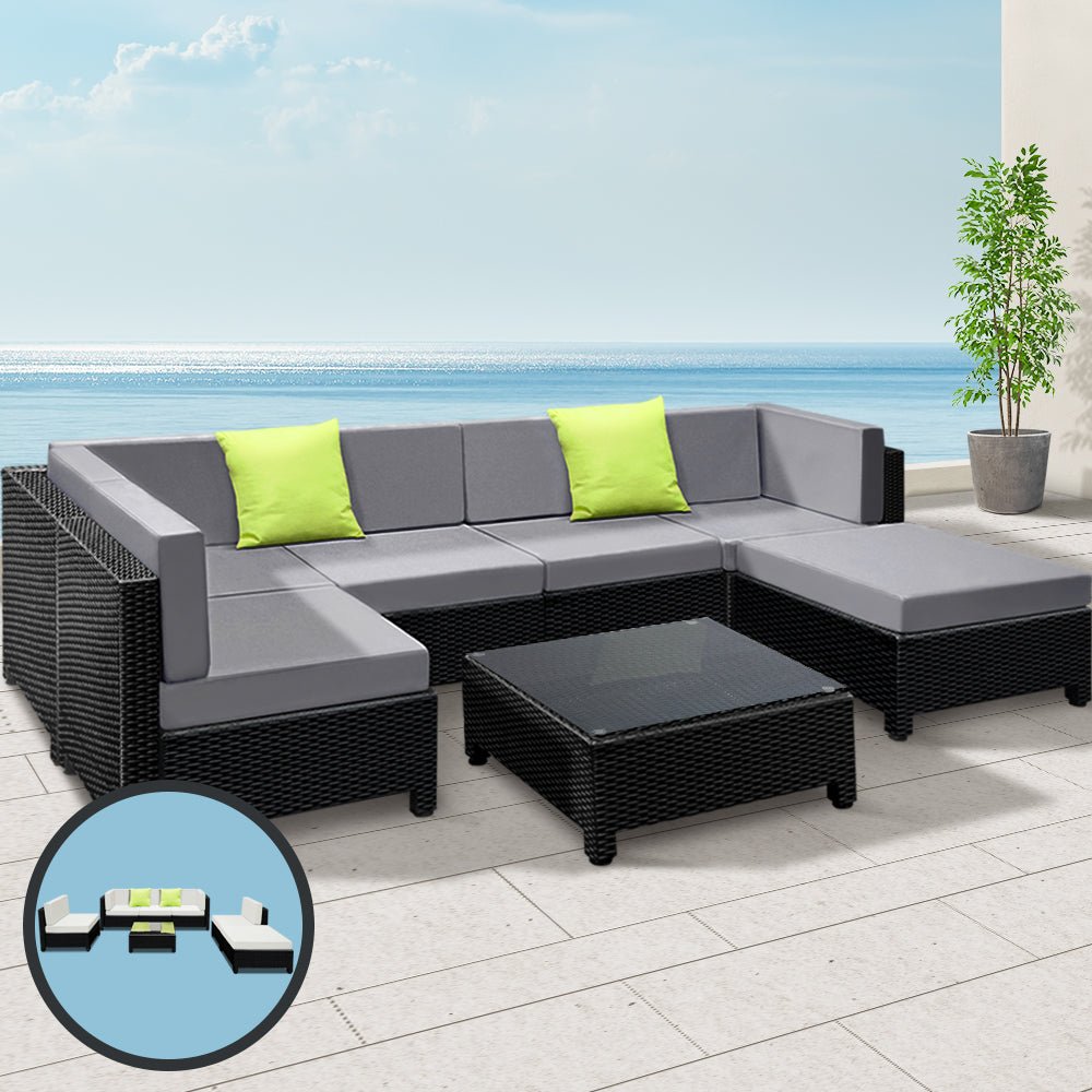 Outdoor Lounge | 6 Seat | Modular Outdoor Sofa Setting | Includes Grey and Beige Cushion Covers | Bondi Range | Black