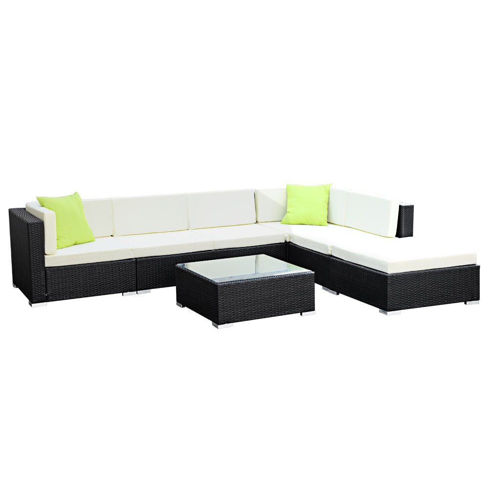 Outdoor Lounge | 6 Seat | Modular Outdoor Sofa Setting | Includes Coffee Table and Storage Cover | Black and Beige
