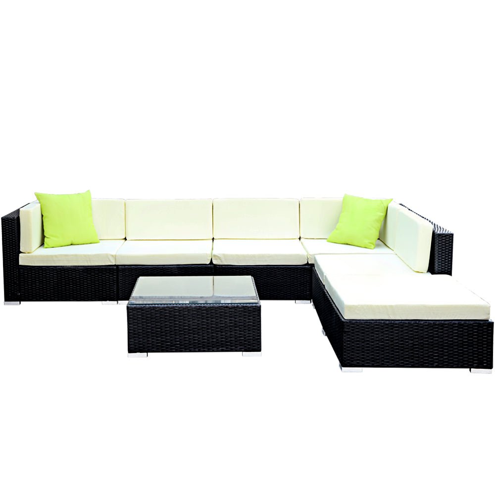 Outdoor Lounge | 6 Seat | Modular Outdoor Sofa Setting | Includes Coffee Table and Storage Cover | Black and Beige