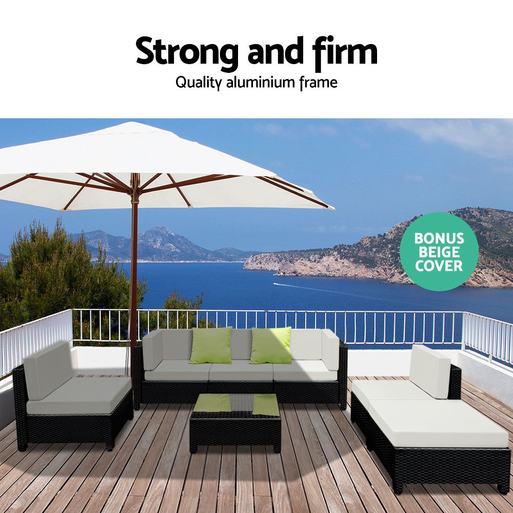 Outdoor Lounge | 6 Seat | Modular Outdoor Sofa Setting | Includes Grey and Beige Cushion Covers | Bondi Range | Black