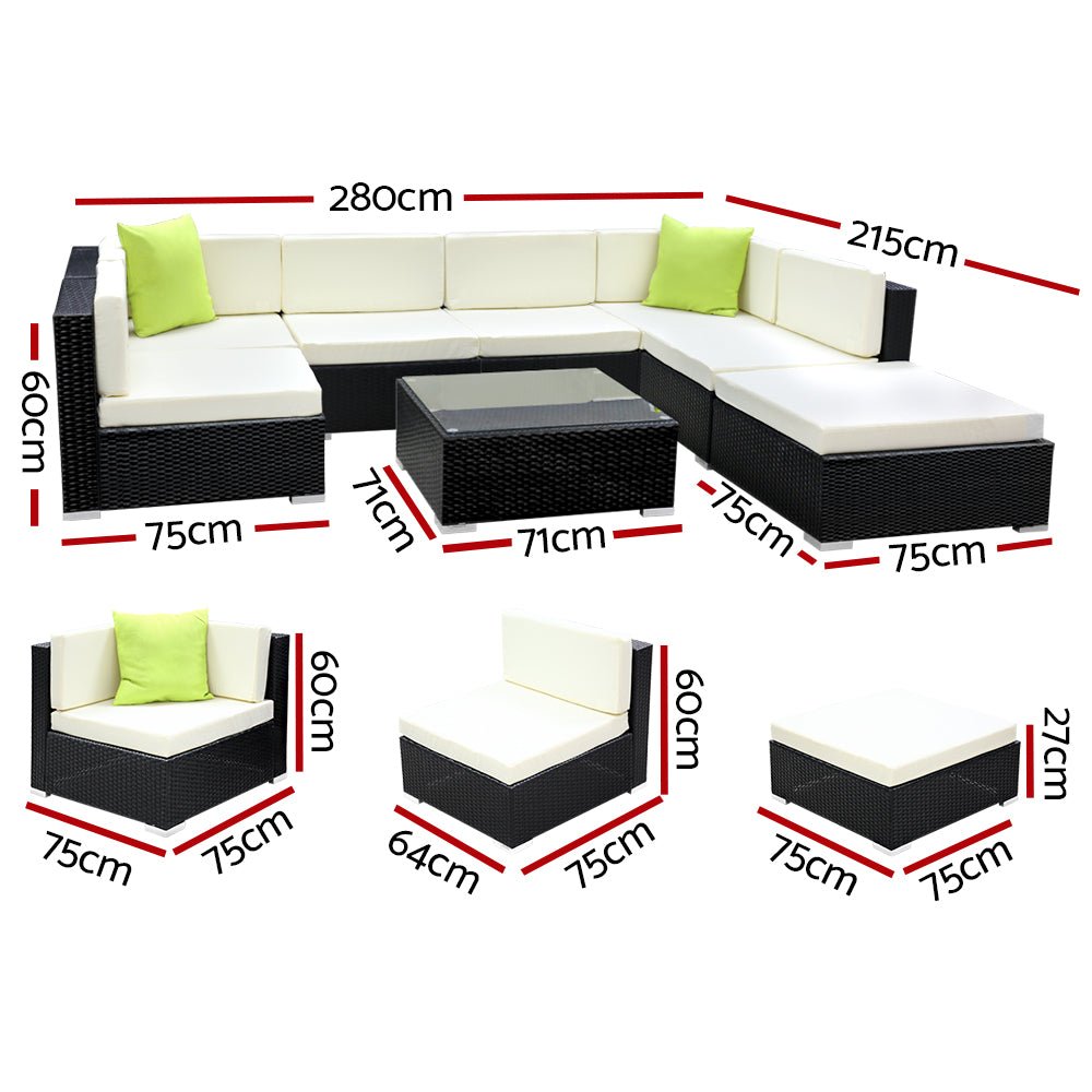 Outdoor Lounge | 7 Seat | Modular Outdoor Sofa Setting | Includes Coffee Table and Storage Cover | Black and Beige