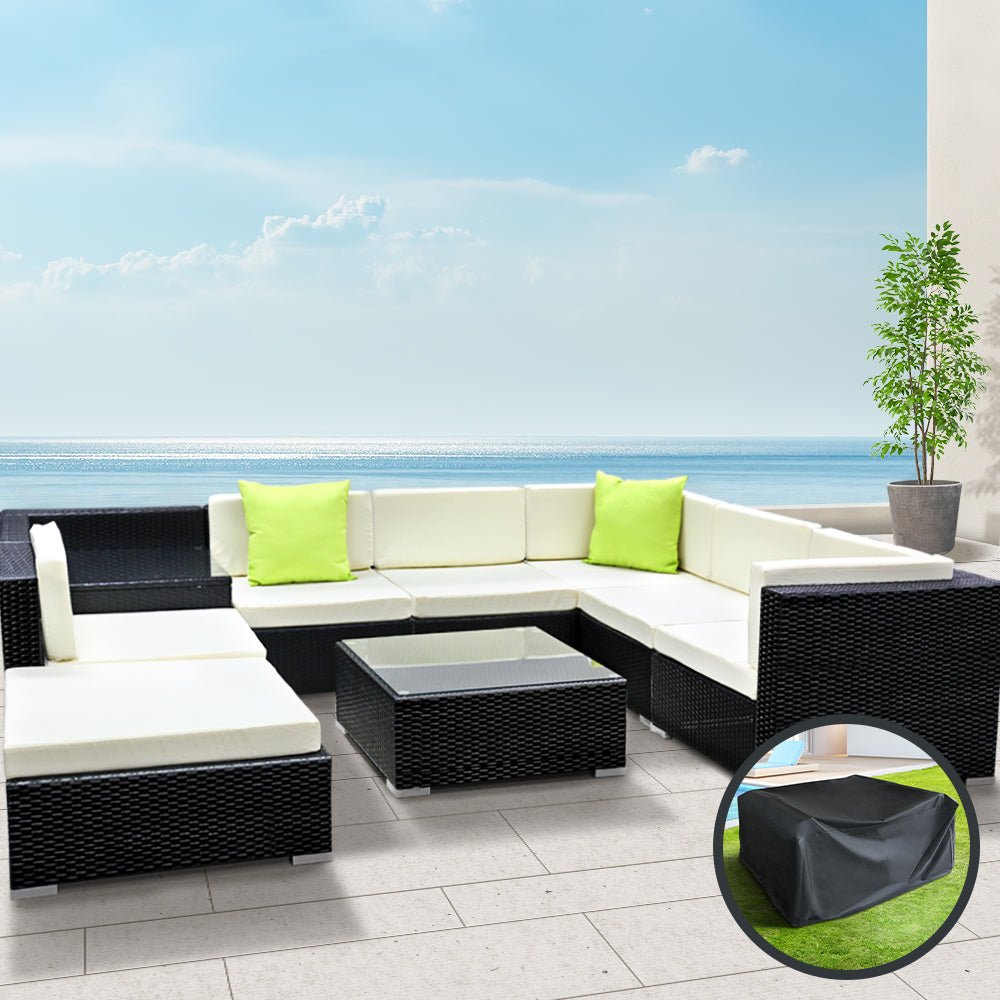 Outdoor Lounge | 7 Seat | Modular Outdoor Sofa Setting | Includes Corner Table, Coffee Table and Storage Cover | Black and Beige