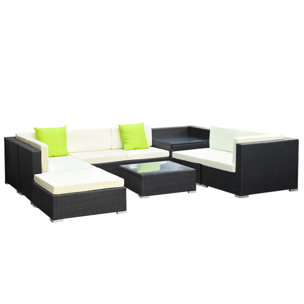 Outdoor Lounge | 7 Seat | Modular Outdoor Sofa Setting | Includes Corner Table, Coffee Table and Storage Cover | Black and Beige