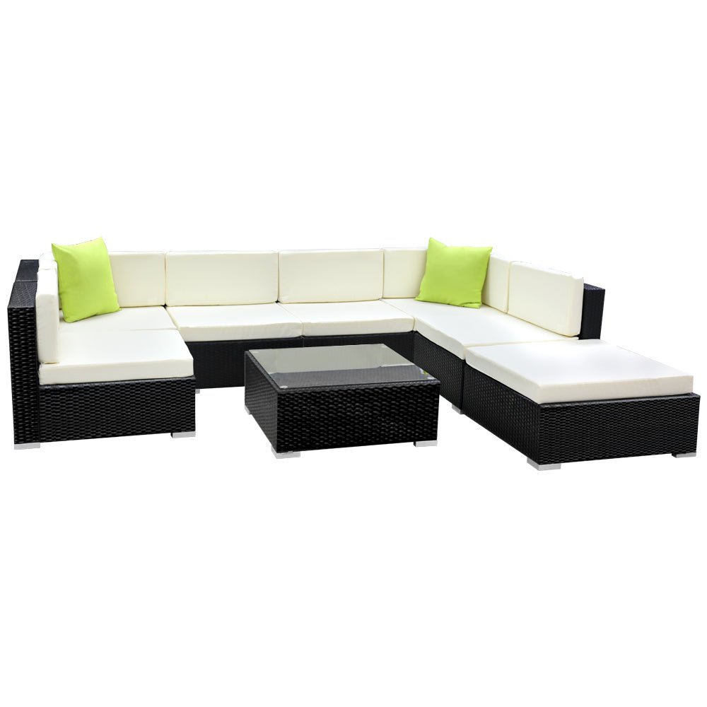 Outdoor Lounge | 7 Seat | Modular Outdoor Sofa Setting | Includes Coffee Table and Storage Cover | Black and Beige
