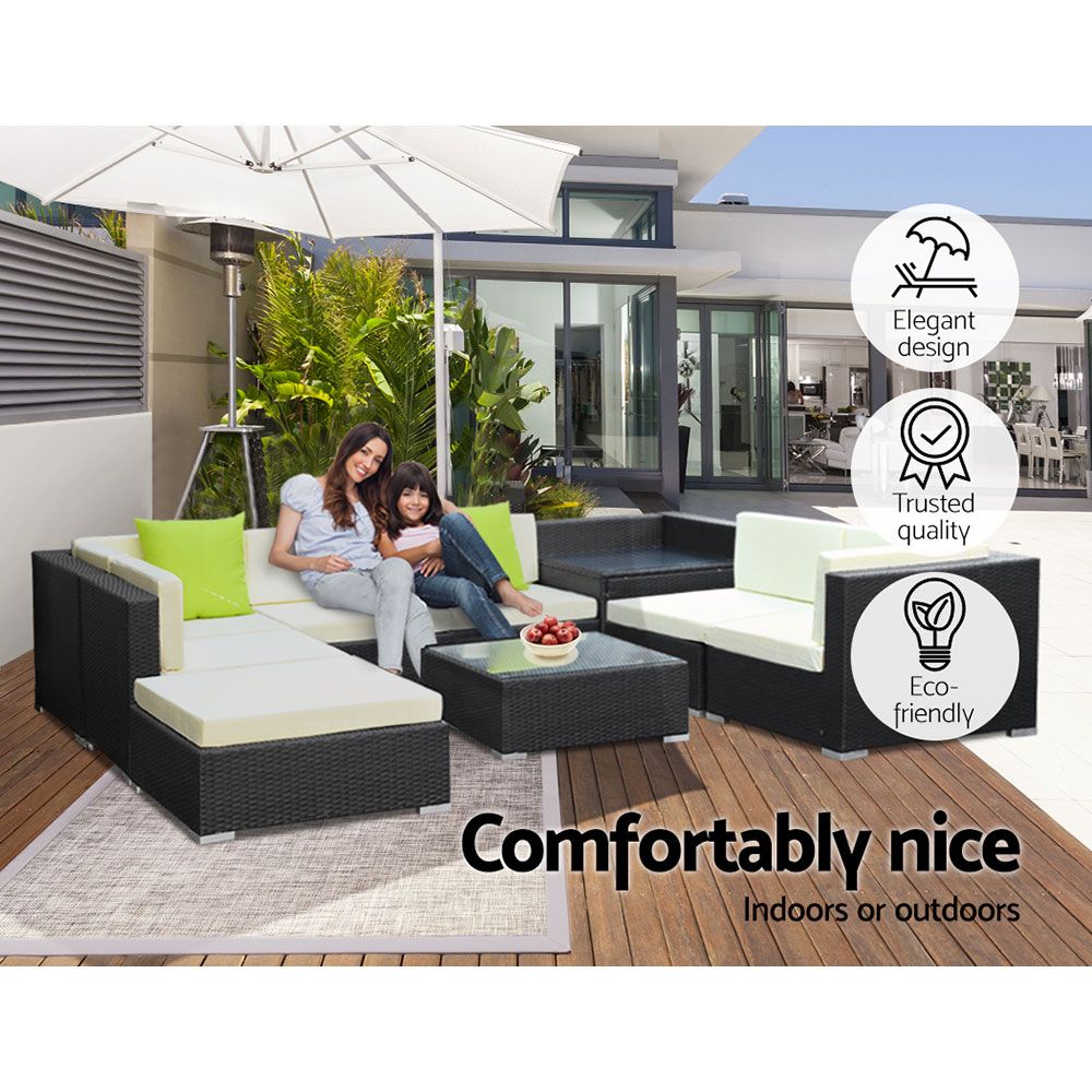 Outdoor Lounge | 7 Seat | Modular Outdoor Sofa Setting | Includes Corner Table, Coffee Table and Storage Cover | Black and Beige