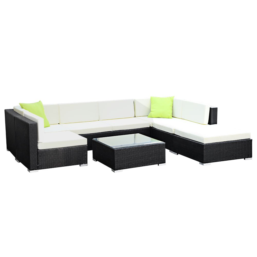 Outdoor Lounge | 7 Seat | Modular Outdoor Sofa Setting | Includes Coffee Table and Storage Cover | Black and Beige