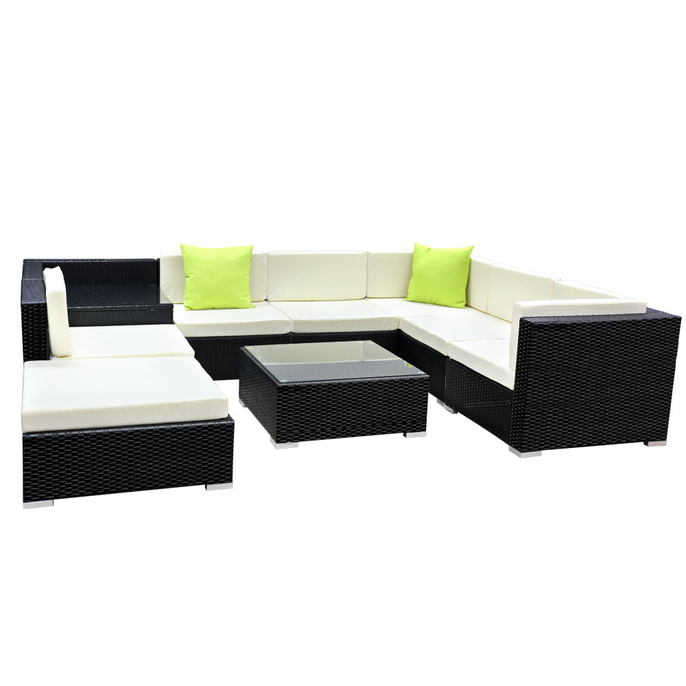 Outdoor Lounge | 7 Seat | Modular Outdoor Sofa Setting | Includes Corner Table, Coffee Table and Storage Cover | Black and Beige