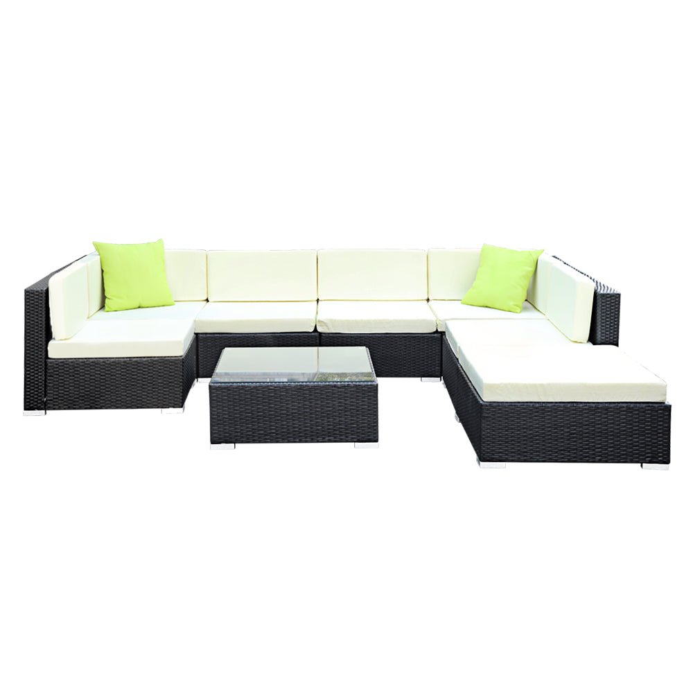 Outdoor Lounge | 7 Seat | Modular Outdoor Sofa Setting | Includes Coffee Table and Storage Cover | Black and Beige