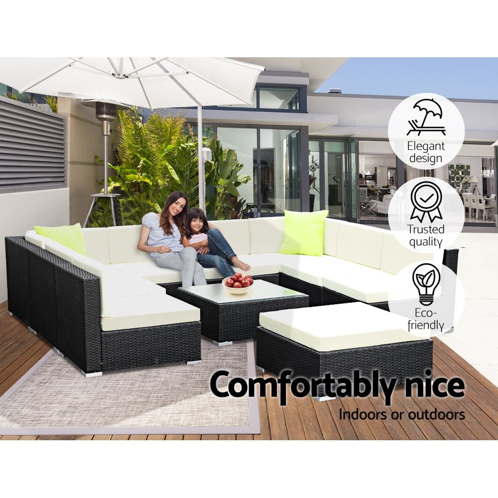 Outdoor Lounge | 9 Seat | Modular Outdoor Sofa Setting | Includes Coffee Table and Storage Cover | Black and Beige
