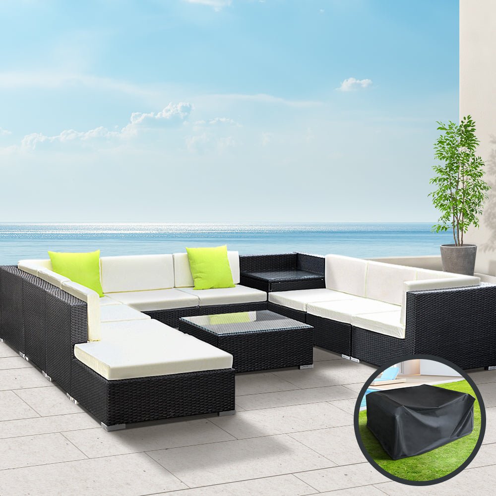 Outdoor Lounge | 9 Seat | Modular Outdoor Sofa Setting | Includes Corner Table, Coffee Table and Storage Cover | Black and Beige