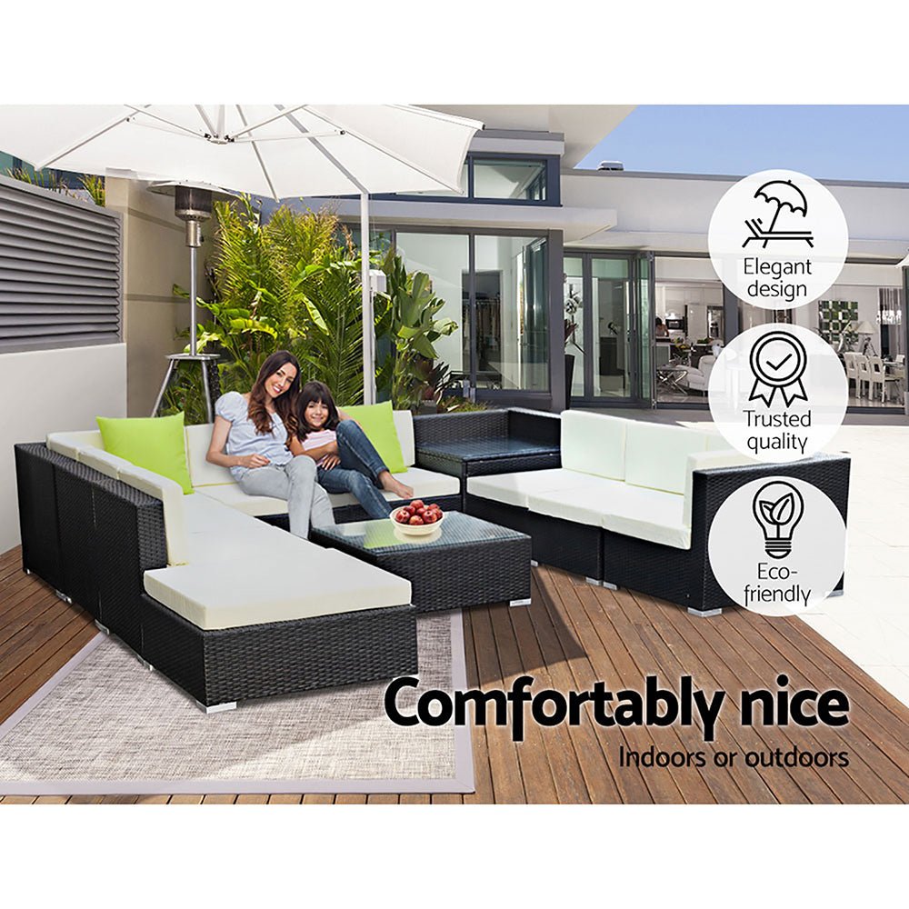 Outdoor Lounge | 9 Seat | Modular Outdoor Sofa Setting | Includes Corner Table, Coffee Table and Storage Cover | Black and Beige