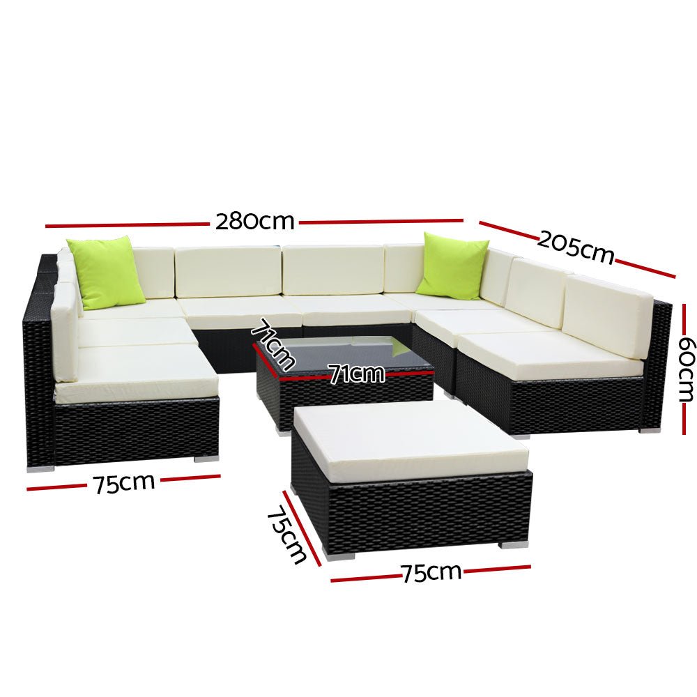 Outdoor Lounge | 9 Seat | Modular Outdoor Sofa Setting | Includes Coffee Table and Storage Cover | Black and Beige