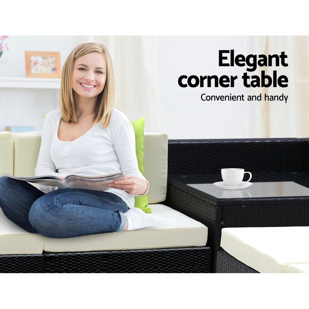 Outdoor Lounge | 9 Seat | Modular Outdoor Sofa Setting | Includes Corner Table, Coffee Table and Storage Cover | Black and Beige