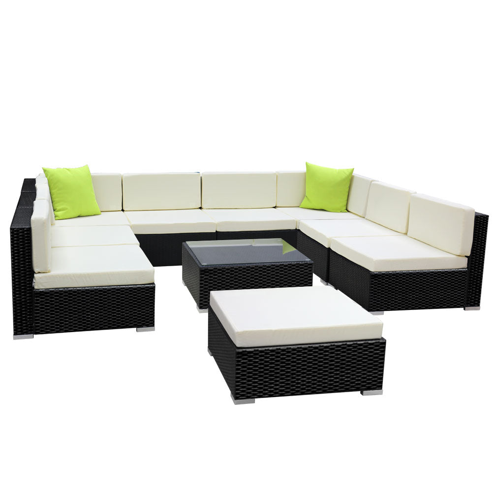 Outdoor Lounge | 9 Seat | Modular Outdoor Sofa Setting | Includes Coffee Table and Storage Cover | Black and Beige