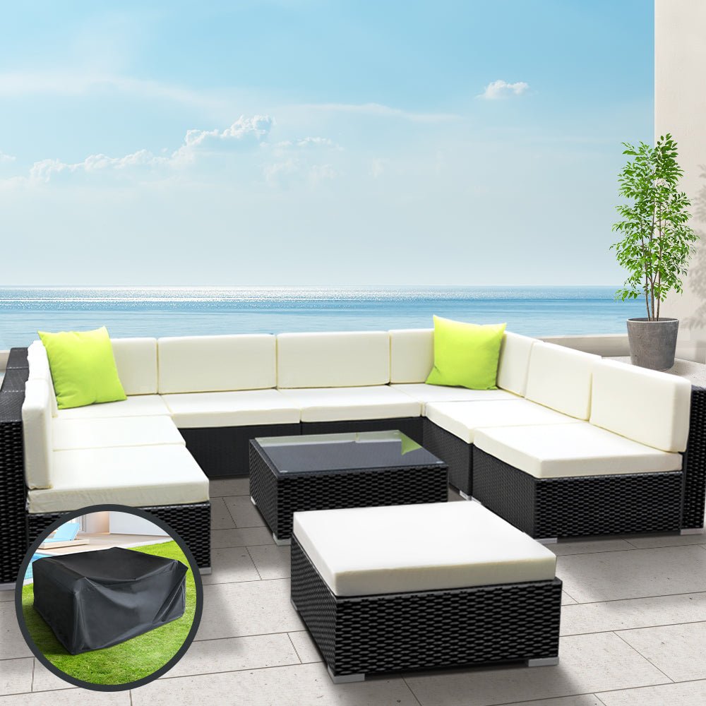 Outdoor Lounge | 9 Seat | Modular Outdoor Sofa Setting | Includes Coffee Table and Storage Cover | Black and Beige