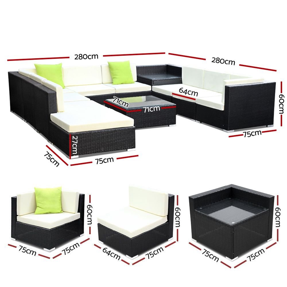 Outdoor Lounge | 9 Seat | Modular Outdoor Sofa Setting | Includes Corner Table, Coffee Table and Storage Cover | Black and Beige