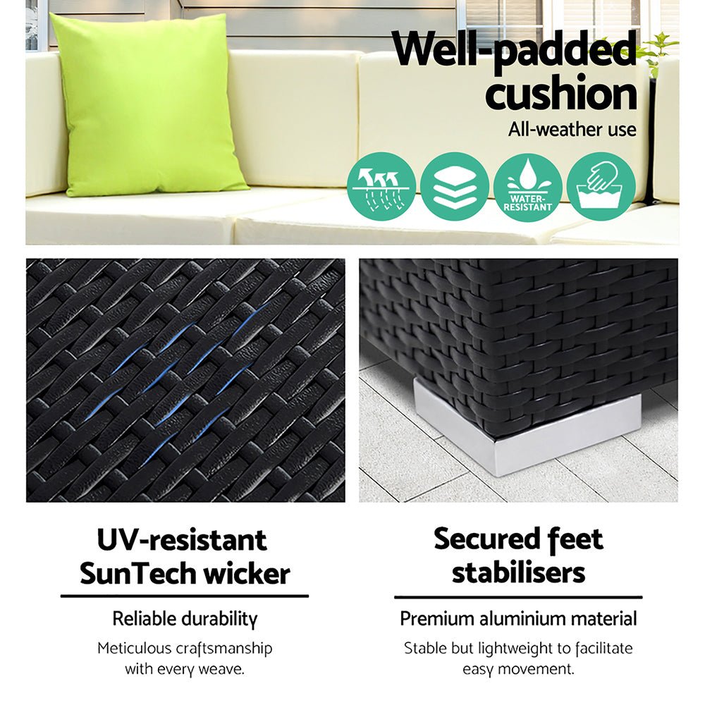 Outdoor Lounge | 9 Seat | Modular Outdoor Sofa Setting | Includes Coffee Table and Storage Cover | Black and Beige