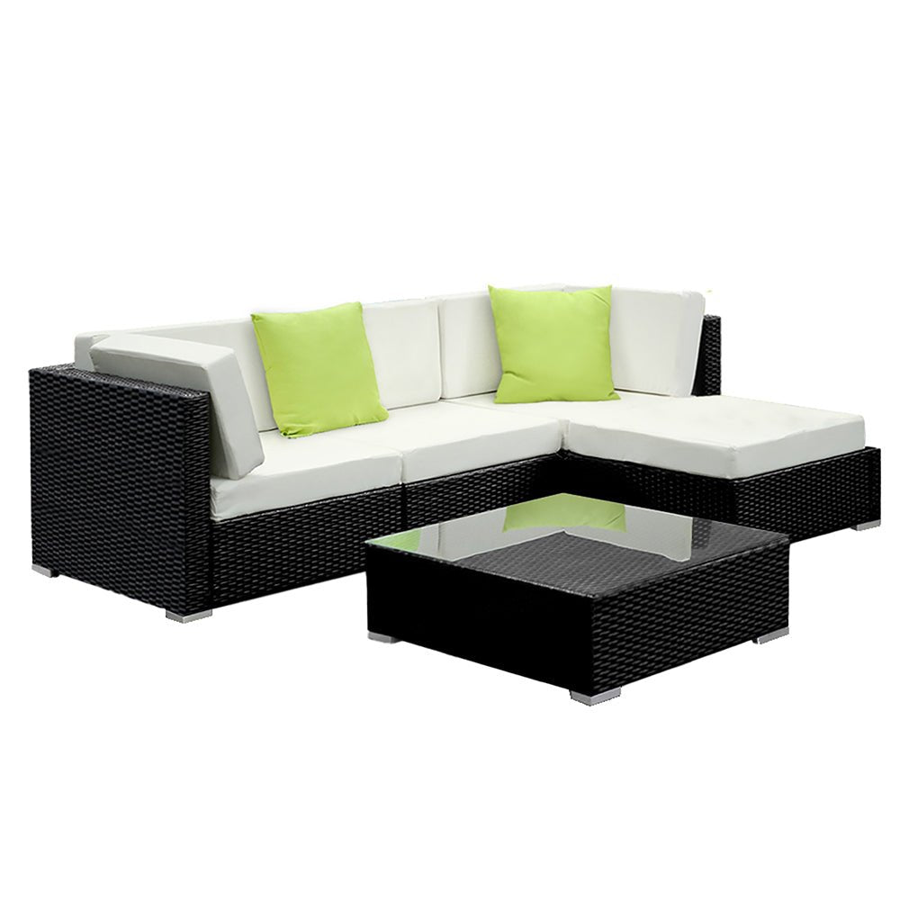 Outdoor Lounge | 4 Seat | Modular Outdoor Sofa Setting | Includes Coffee Table and Storage Cover | Black and Beige