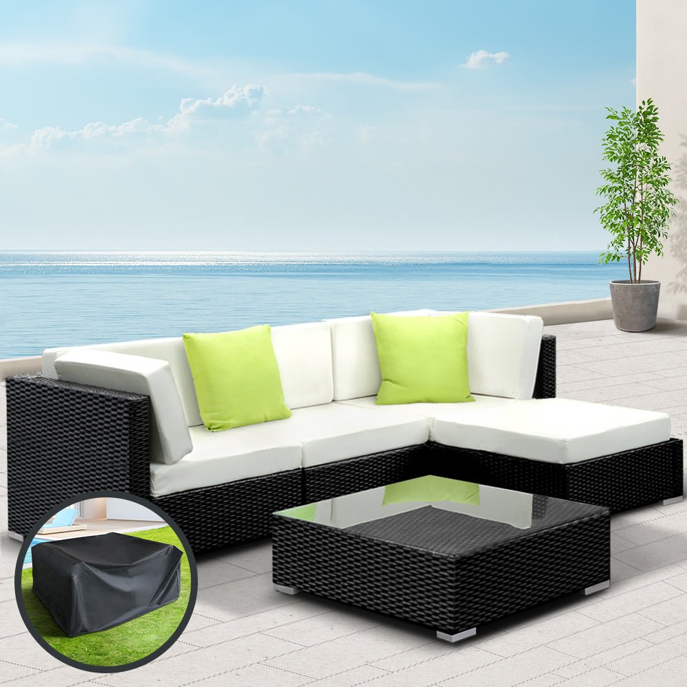 Outdoor Lounge | 4 Seat | Modular Outdoor Sofa Setting | Includes Coffee Table and Storage Cover | Black and Beige