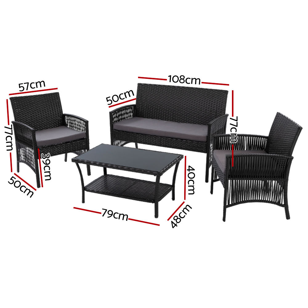 Outdoor Lounge Setting 4 Seat Sofa Set Harp Black with Cover