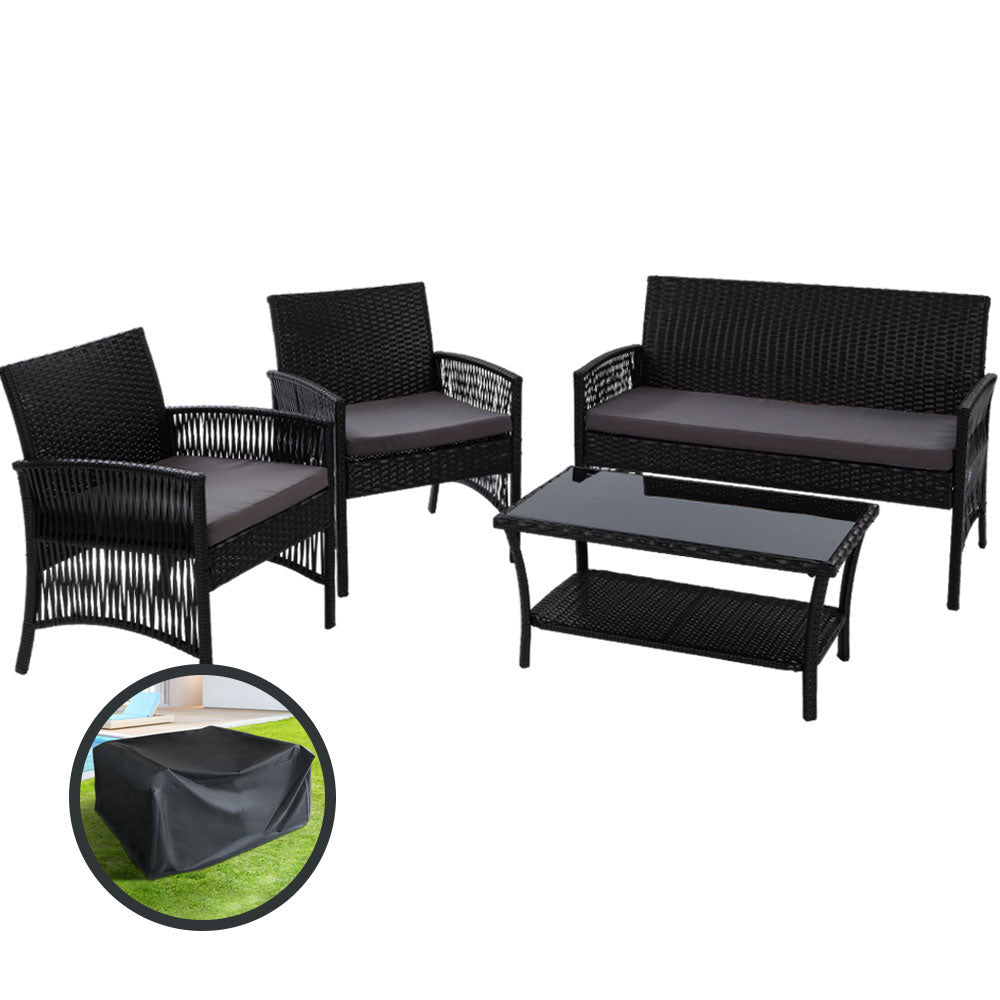 Outdoor Lounge Setting 4 Seat Sofa Set Harp Black with Cover