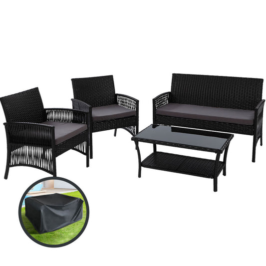 Outdoor Lounge Setting 4 Seat Sofa Set Harp Black with Cover