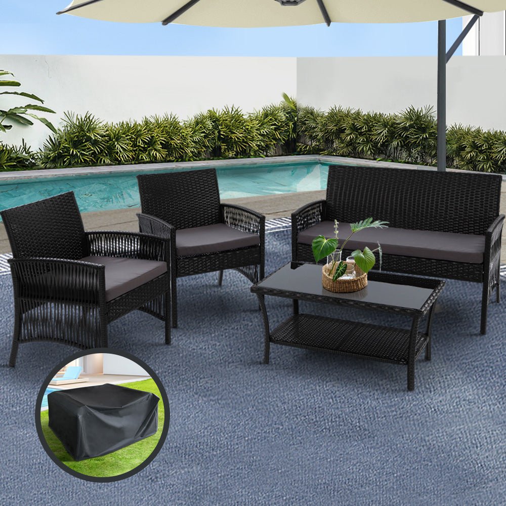Outdoor Lounge Setting 4 Seat Sofa Set Harp Black with Cover