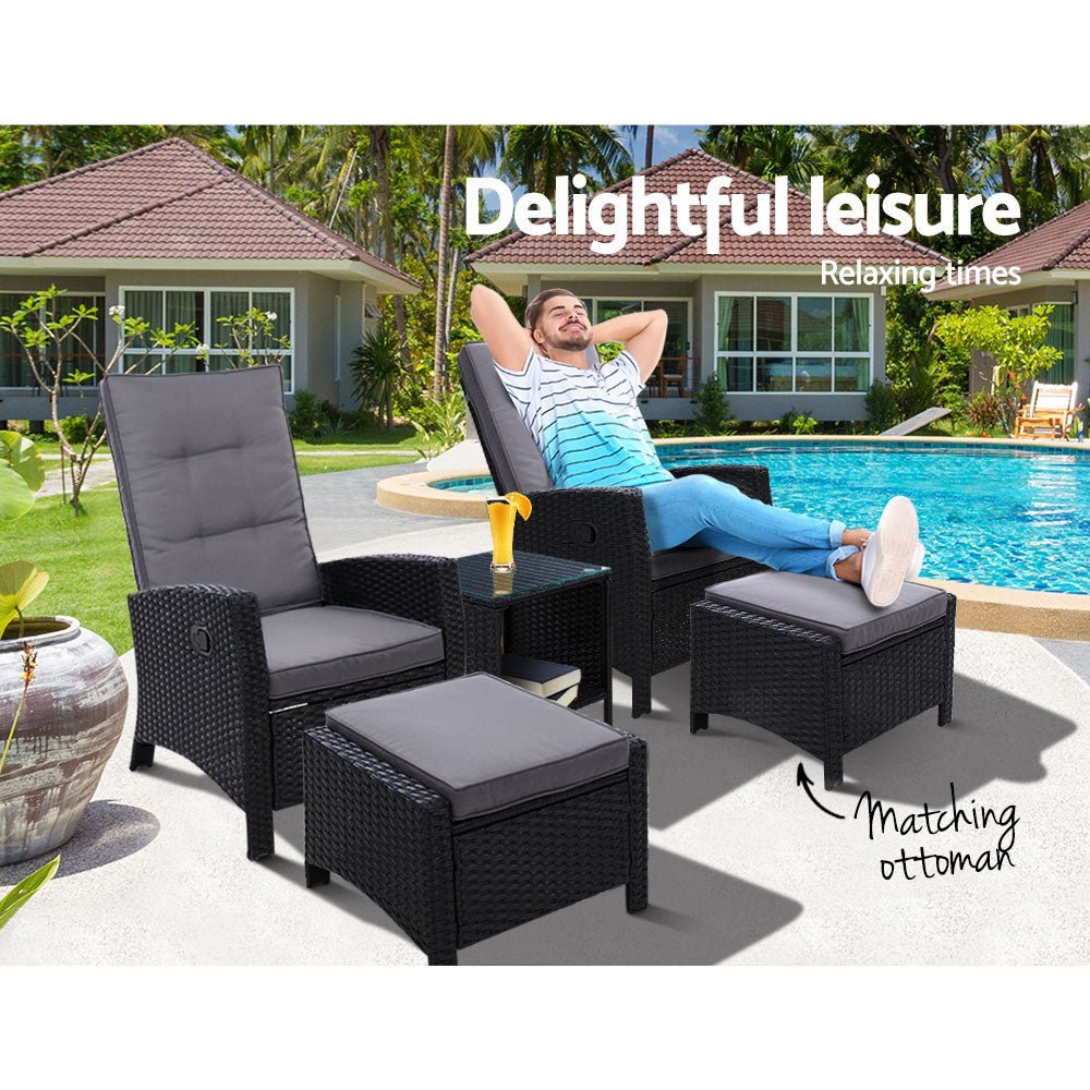 Outdoor Recliner Chair Conversation Set 5 Piece Black