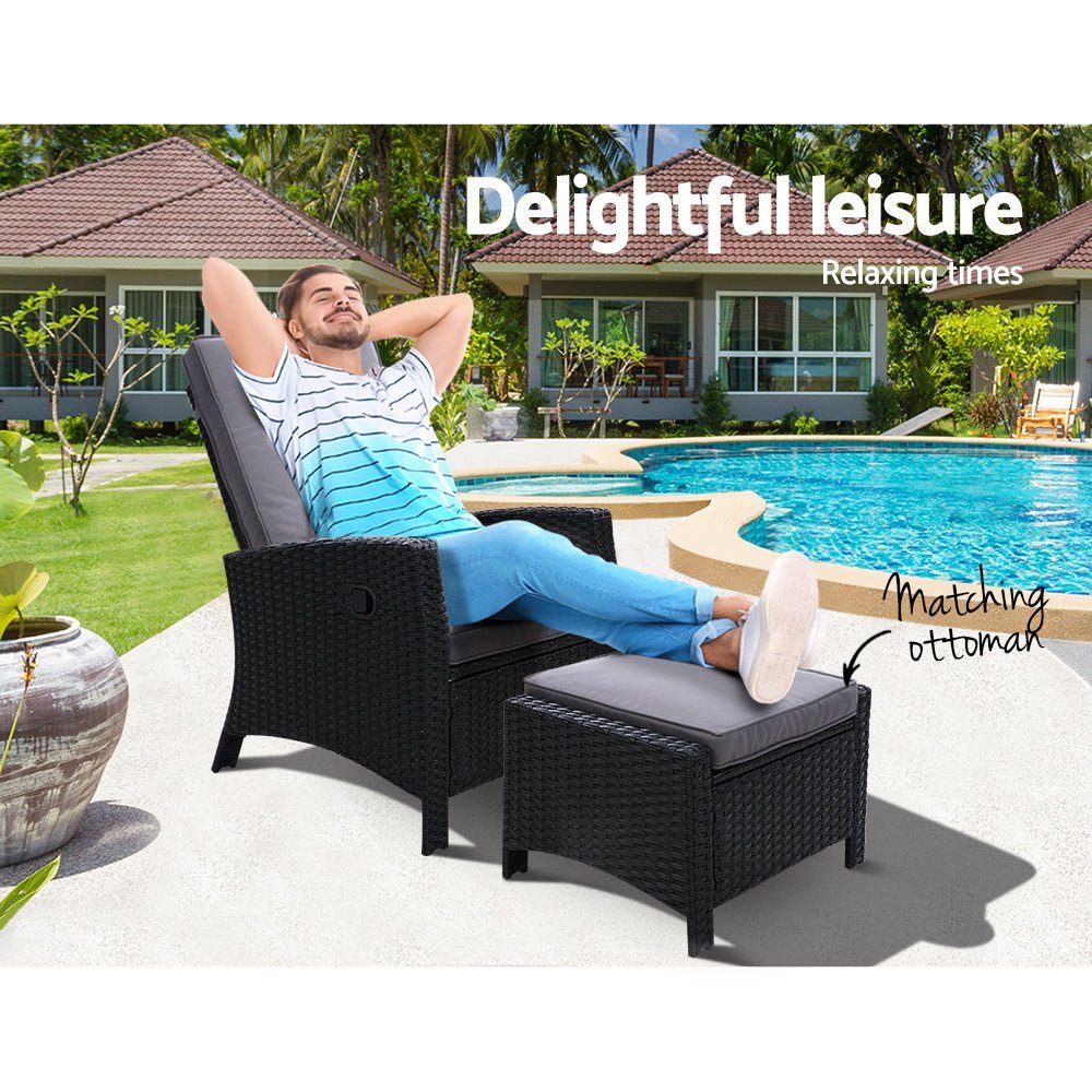 Outdoor Recliner Chair and Ottoman Set Wicker Reclining Cushions Black