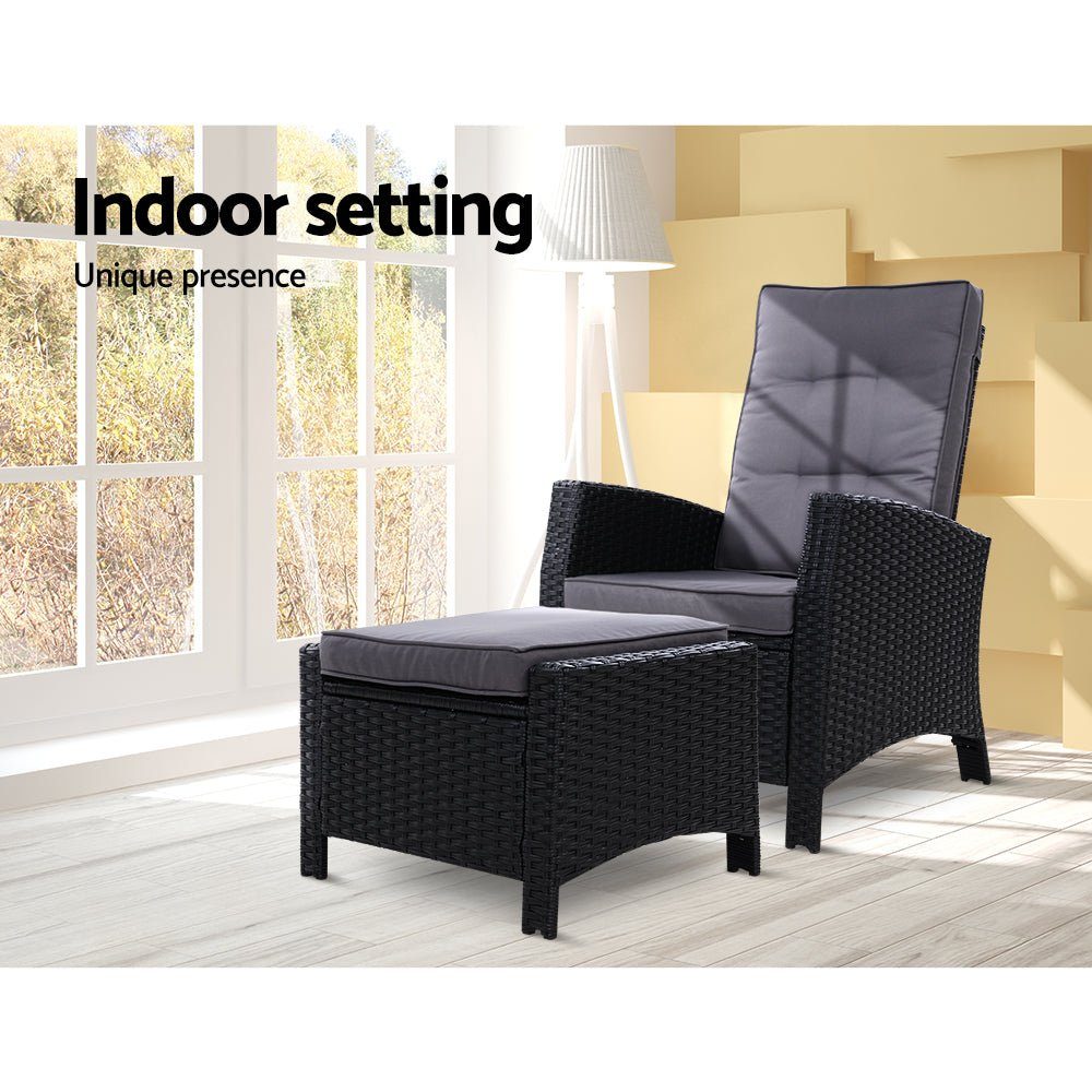 Outdoor Recliner Chair and Ottoman Set Wicker Reclining Cushions Black