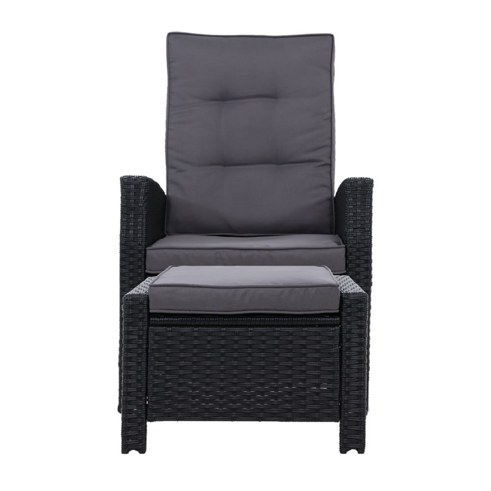Outdoor Recliner Chair and Ottoman Set Wicker Reclining Cushions Black