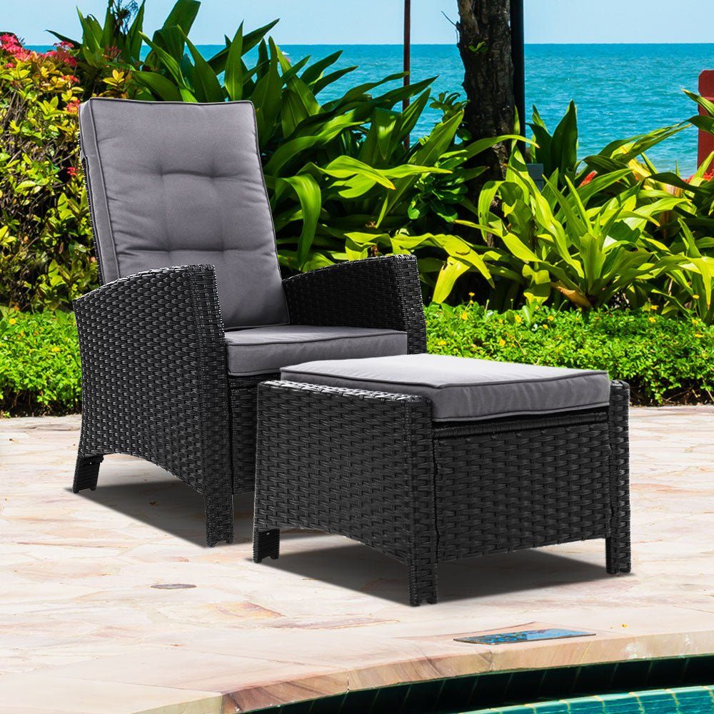 Outdoor Recliner Chair and Ottoman Set Wicker Reclining Cushions Black